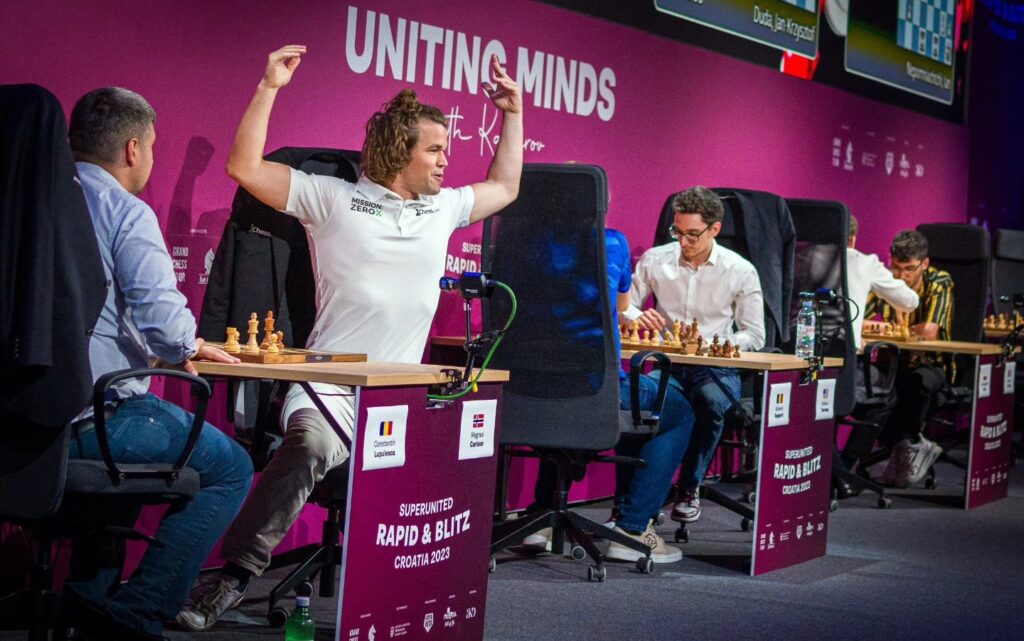 Grand Prix de Zagreb Carlsen festejando su 9 sobre 9 en blitz
Foto Lennart Ootes, Grand Chess Tour