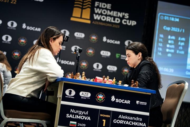 Final de la Copa del Mundo 2023 Femenina Nurgyul Salimova y Aleksandra Goryachkina
Foto FIDE Stev Bonhage