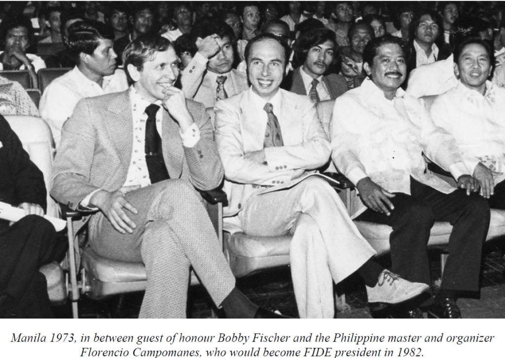 Nota 669 en ABC Color de Paraguay
Manila 1973 Fischer invitado de honor, junto a Kavalek y Florencio Campomanes.
Foto Irena Kavalek del libro Life at play
