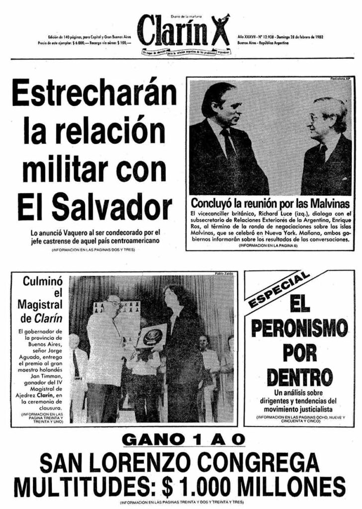 28 de febrero de 1982 Primera plana del Diario Clarín