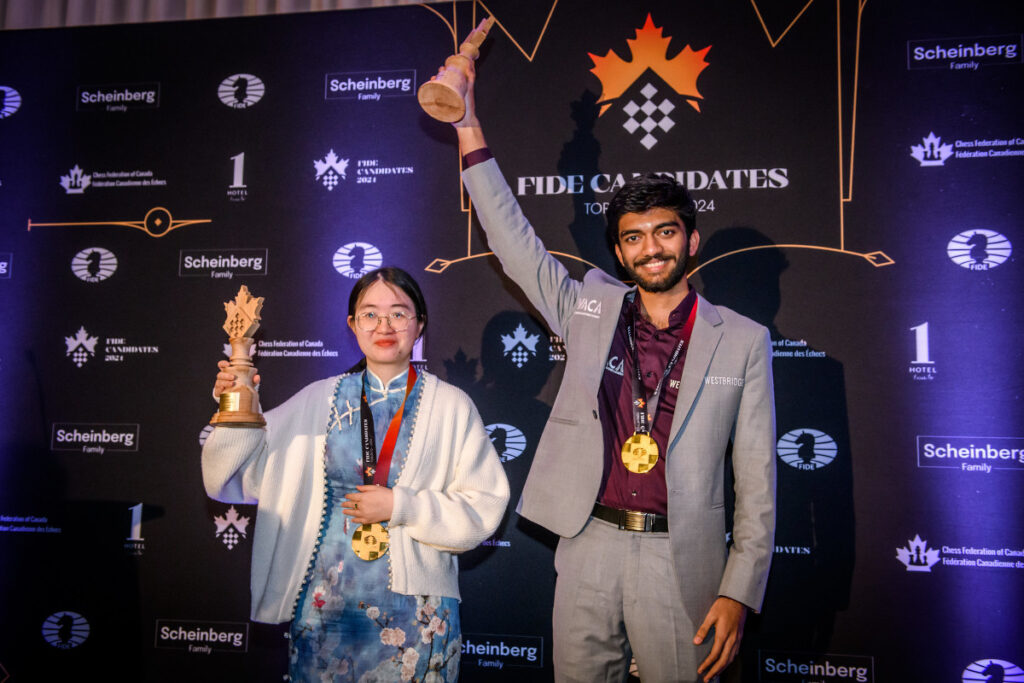 Los vencedores del Candidatos de Toronto 2024 Tan Zhongyi  y Gukesh D. Foto  FIDE Michal Walusza
Nota 703 en ABC Color de Paraguay